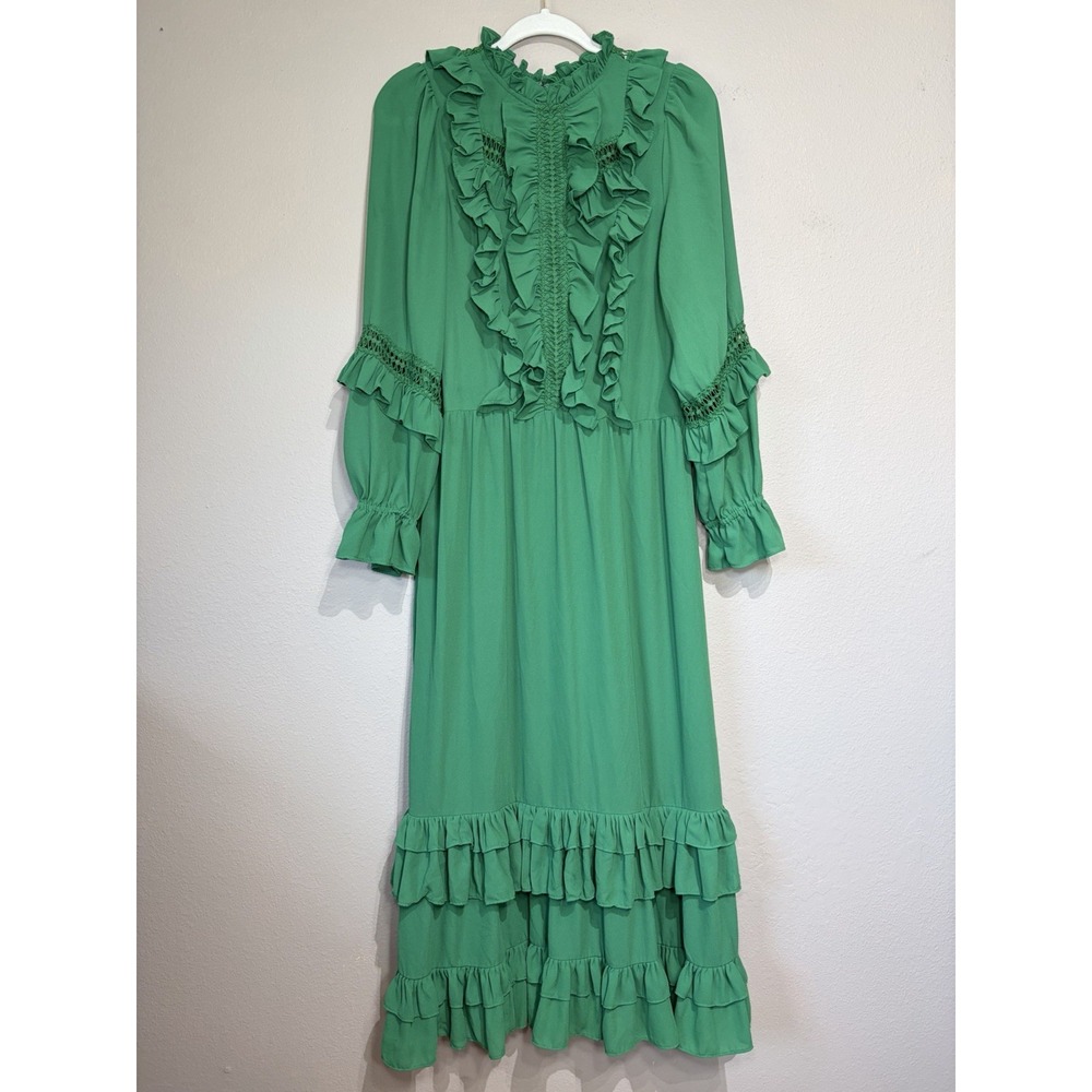 Happy X Nature Green Ruffle Victorian Prairie Dress Small Romantic Tiered Maxi